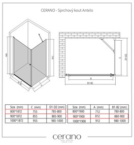 Cerano Antelo, 1-krídlový sprchovací kút 80(dvere) x 90(stena) x 190 cm, 6mm číre sklo, čierny profil, CER-CER-434010