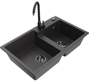 Mexen Tomas, granitový drez 800x500x190 mm, 2-komorový a čierna batéria Telma, čierna škvrnitá, 6516-76-670200-70-B