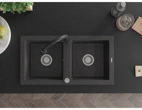 Mexen Mario, 2-komorový granitový drez 820x436x161 mm a drezová batéria Elia, čierna škvrnitá, 6504-76-670101-70