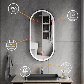 Erga Gwen, oválne LED zrkadlo 40x80cm v čiernom kovovom ráme, 3 farby svetla, predné osvetlenie, vyhrievacia podložka proti zapareniu, ERG-V01-GWEN-4080-BK