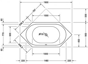DURAVIT D-Code akrylátová šesťuholníková vaňa s odtokom v strede (vytvarovaný sklon na oboch stranách), 1900 x 900 mm, 700138000000000