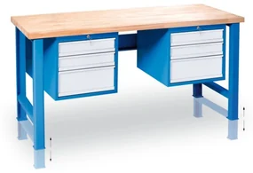 Výškovo nastaviteľný pracovný stôl GD s 2 závesnými boxami na náradie, buková škárovka, 6 zásuviek, 2000 x 685 x 850 - 1050 mm, modrá