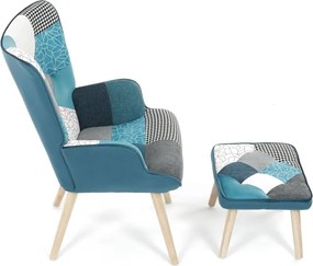 Relaxačné kreslo ušiak LISA + taburet — masív, látka, modrý patchwork
