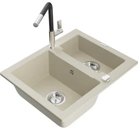 Mexen Carlos, 1,5-komorový granitový drez 582x475x177 mm a drezová batéria Flora, béžová, 6518-69-670401-07