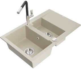 Mexen Gaspar, 1,5-komorový granitový drez 737x475x177 mm a drezová batéria Flora, béžová, 6507-69-670401-07