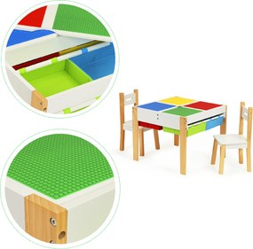 Detský drevený stôl s 2 stoličkami ECOTOYS – otočný blat, 4 úložné priehradky