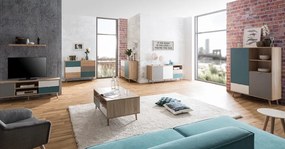 TV skrinka Cuba, dub/biela/šedá/petrolejová