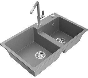Mexen Tomas, 2-komorový granitový drez 800x500x190 mm a drezová batéria Flora, šedá, 6516-71-670401-06
