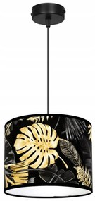 Závesné svietidlo Gold Flowers, 1x čierne textilné tienidlo s kvetinovým vzorom