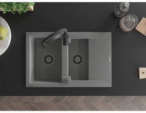 Mexen Gaspar, 1,5-komorový granitový drez 737x475x177 mm a drezová batéria Aster, šedá, 6507-71-73450-70-B