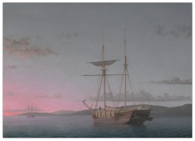Sklenený obraz - Fitz Henry Lane, Lumber Schooners at Evening on Penobscot Bay, reprodukcia (70x50 cm)