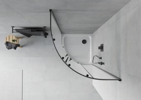 Mexen Rio, štvrťkruhový sprchovací kút s posuvnými dverami 80(dvere) x 80(dvere) x 190 cm, 6mm sklo námraza, čierny profil + biela sprchová vanička SLIM, 863-080-080-70-30-4110B