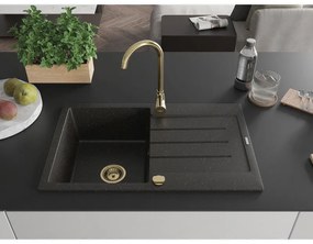 Mexen Bruno, 1-komorový granitový drez s odkvapkávačom 80x50 cm a kuchynskou batériou Telma, čierna-zlatá, 6513-75-670200-50