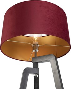 Stojaca lampa trojnožka čierna s červeným tienidlom a zlatom 50 cm - Puros