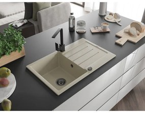 Mexen Bruno, drez granitový 795x495x200 mm, 1-komorový, béžová s čiernym sifónom a čierna drezová batéria Rita, 6513-69-670300-70