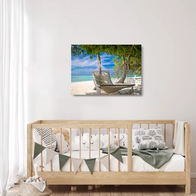 Sklenený obraz - Hojdacia sieť na pláži (70x50 cm)