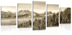 5-dielny obraz zamrznuté hory v sépiovom prevedení - 100x50