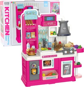 LEAN Toys Detská kuchynka s cirkuláciou vody, zmenou farby jedla a parou, ružová, 64 ks