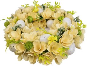 Jarný veniec s drevenými kvetmi a vajíčkami 30 cm