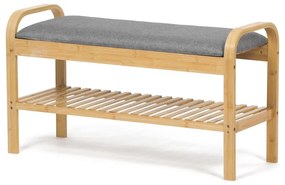 Botník / taburet, police, masiv bambus, přírodní odstín, šedá látka