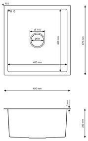 Erga HD, 1-komorový oceľový drez 470x450x210 mm, oceľová, ERG-MLS-HD4745