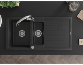 Mexen Andres, 1,5-komorový granitový drez 1000x500x200 mm a drezová batéria Elia, čierna-strieborná metalíza, 6515-73-670101-00