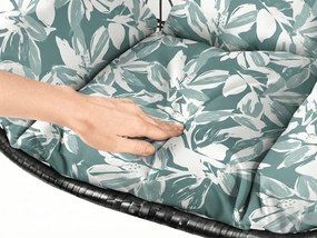 Čierne závesné kreslo KOKON so stojanom, zeleno-biely vankúš