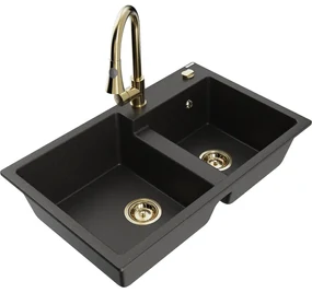 Mexen Tomas, 2-komorový granitový drez 800x500x190 mm a drezová batéria Elia, čierna-zlatá metalíza, 6516-75-670101-50