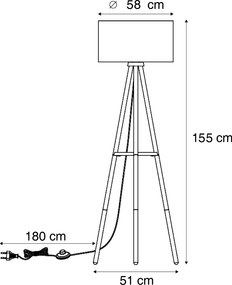 Drevená stojacia lampa s trojnožkou s bielym a béžovým pruhovaným tienidlom 50 cm - Lou