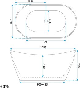Rea Ferrano Slim, voľne stojaca vaňa 170x73 cm, imitácia kameňa, biely click-clack, REA-W0505