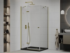 Mexen Roma, sprchovací kút s 1-krídlovými dverami 100 (dvere) x 90 (stena) cm, 6mm číre sklo, zlatý profil, slim sprchová vanička 5cm čierna, 854-100-090-50-00-4070G