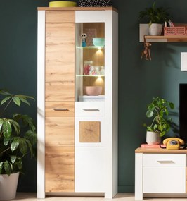 Vysoká vitrína s osvetlením Matera, starý dub/biela