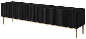 TV stolík Nicole 200 cm na metalových nožičkách so zásuvkou - čierny mat / zlaté nožičky