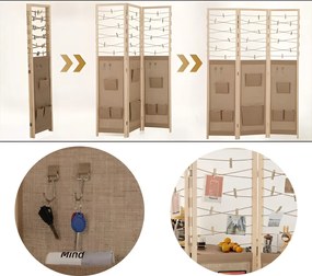 3-panelový paraván s 8 úložnými vreckami a 4 háčikmi, prírodný