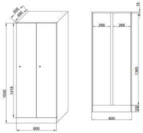 Šatníková skrinka znížená, 2 oddiely, 1500 x 600 x 500 mm, kódový zámok, laminované dvere, biela