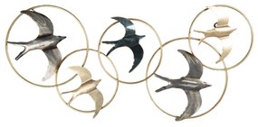 Kovová nástenná dekorácia s vtákmi v zlatých kruhoch - 84 * 3 * 42 cm