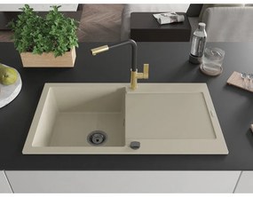 Mexen Leo, 1-komorový granitový drez 900x500x190 mm a drezová batéria Flora, béžová, 6501-69-670401-57-B