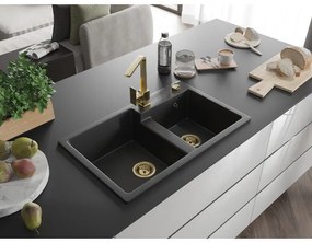 Mexen Tomas, granitový drez 800x500x190 mm, 2-komorový a zlatá batéria Rita, čierna, 6516-77-670300-50