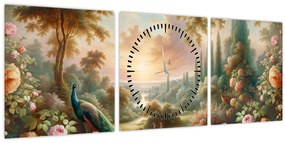 Obraz - Pávy v záhrade (s hodinami) (90x30 cm)