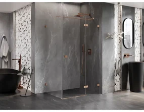 Mexen Lunar T, pravý výklopný sprchový kút 140 x 110 cm, 8mm číre sklo, profil medená matná, 834T-140-110-65-00-P
