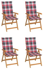 Záhradné stoličky 4 ks podložky s červeným kockovaným vzorom tíkový masív 3065543