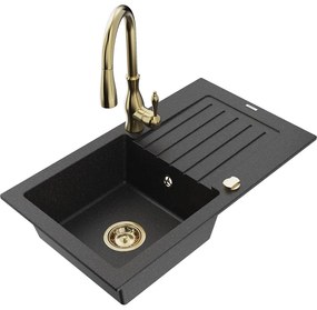 Mexen Pablo, granitový drez 752x436x161 mm, 1-komorový a drezová batéria Savita, čierna-strieborná metalíza, 6510-73-672601-50