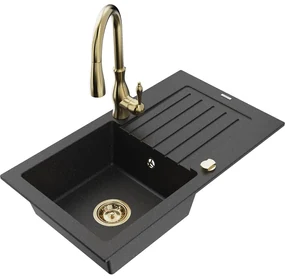 Mexen Pablo, granitový drez 752x436x161 mm, 1-komorový a drezová batéria Savita, čierna-strieborná metalíza, 6510-73-672601-50