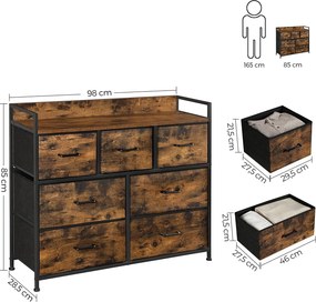 Komoda so 7 textilnými zásuvkami, 28,5 x 98 x 85 cm, rustikálna hnedá