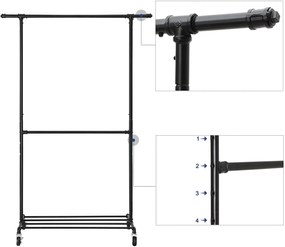 SONGMICS Stojan na šaty pojazdný 2 závesné rúrky čierny 110 kg