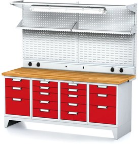 Alfa 3 Dielenský stôl MECHANIC I, perfopanel, polica, el. zásuvky, osvetlenie, 2x 5 a 2x 3 zásuvkový box na náradie, 16 zásuviek, červené dvere