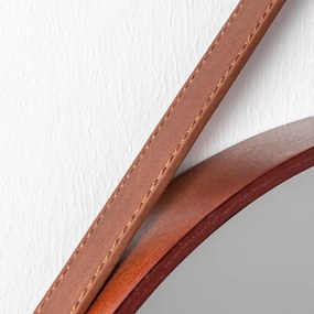 Dekorstudio Tmavo hnedé drevené okrúhle Retro zrkadlo na koženom páse Rozmer zrkadla: priemer 50cm