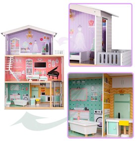 KIK Drevený domček pre bábiky + nábytok pastel 117cm