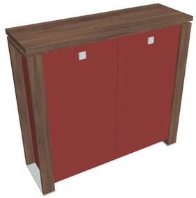 Stredná skriňa Verno+ S 140 x 46 x 130 cm, sklenené dvere, orech / červená