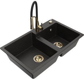 Mexen Tomas, 2-komorový granitový drez 800x500x190 mm a drezová batéria Aster, čierna-zlatá metalíza, 6516-75-73450-57-G